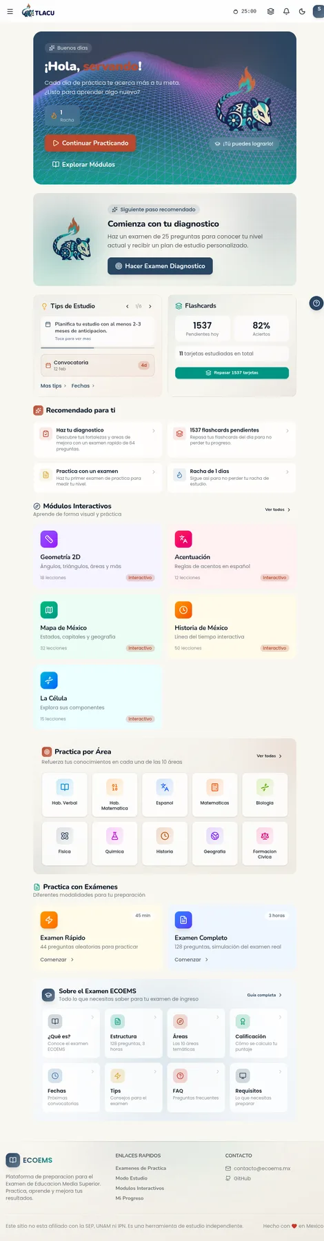 Panel de control de TLACU mostrando estadísticas y progreso del usuario