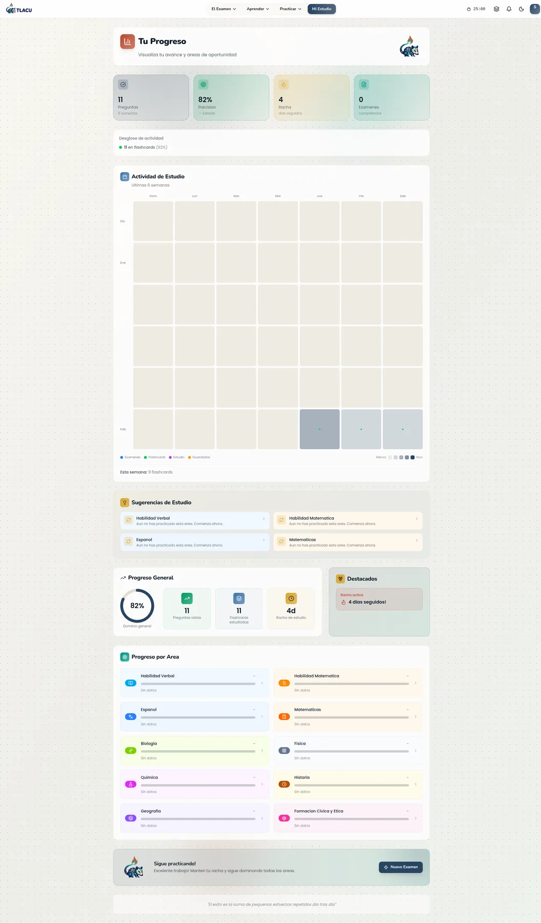 Dashboard de TLACU mostrando estadísticas de progreso y racha de estudio